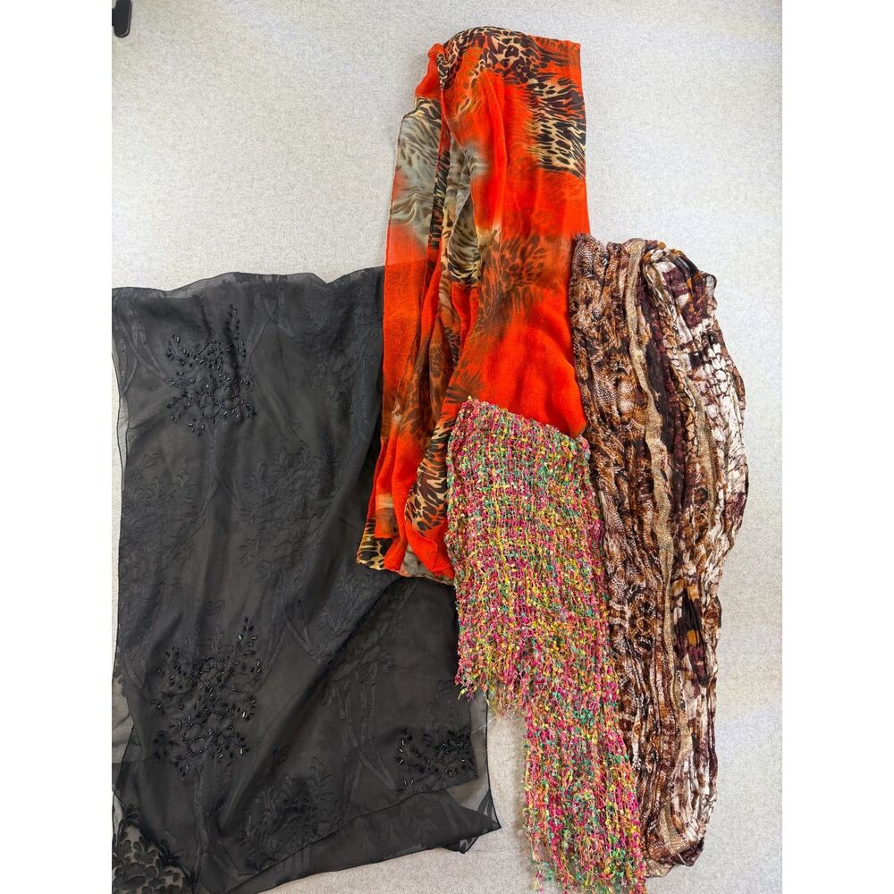 Women’s Scarf Wrap Lot of 4 Animal Print Beaded Black Orange Multicolor 3191
